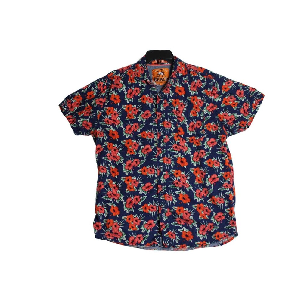 Good Vibes Life is a Beach Button Down Hawaiian Floral Shirt Mens Large Slim Fit